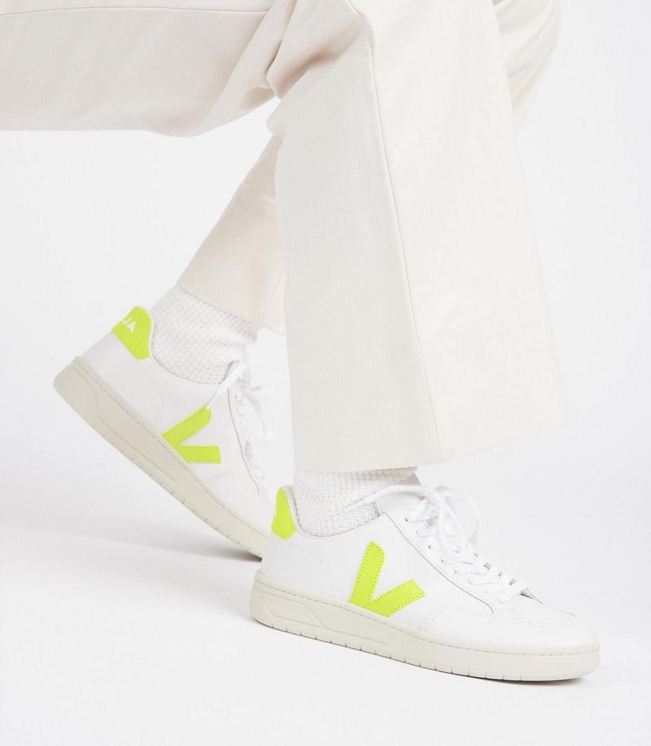 Veja V-12 Nahkaiset Jaune Fluo Outlet Adults Valkoinen | YFIVQ61202