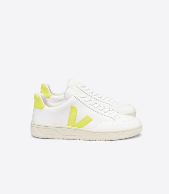 Veja V-12 Nahkaiset Jaune Fluo Outlet Adults Valkoinen | YFIVQ61202